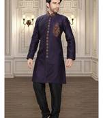 Blue Embroidered Art Silk Stitched Sherwani