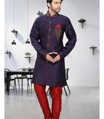 Blue Embroidered Art Silk Stitched Sherwani