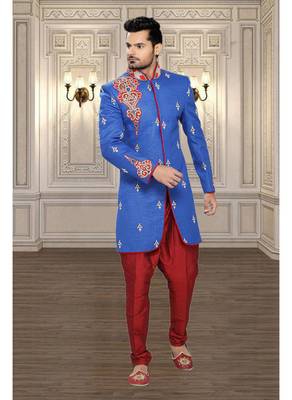Blue Embroidered Linen Stitched Sherwani 1