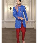 Blue Embroidered Linen Stitched Sherwani