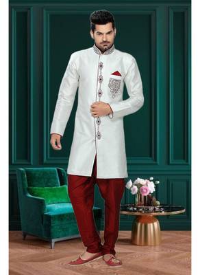 Off White Embroidered Brocade Stitched Sherwani 1
