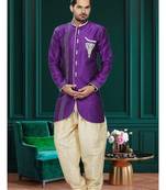 Purple Embroidered Art Silk Stitched Sherwani