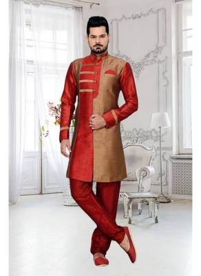Copper Plain Art Silk Stitched Sherwani 1