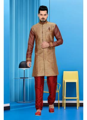 Brown Plain Art Silk Stitched Sherwani 1