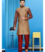 Brown Plain Art Silk Stitched Sherwani
