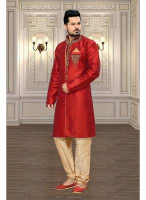 Maroon Plain Jacquard Stitched Sherwani 1