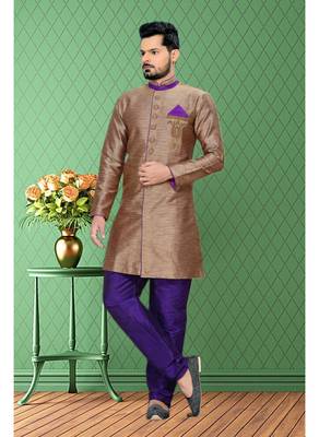 Brown Plain Art Silk Stitched Sherwani 1