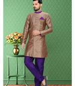 Brown Plain Art Silk Stitched Sherwani