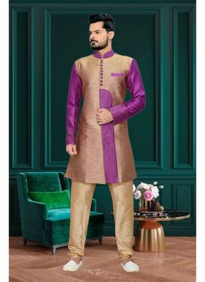 Copper Plain Art Silk Stitched Sherwani 1