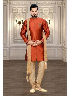 Orange Embroidered Art Silk Stitched Sherwani 1