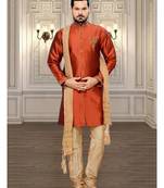 Orange Embroidered Art Silk Stitched Sherwani