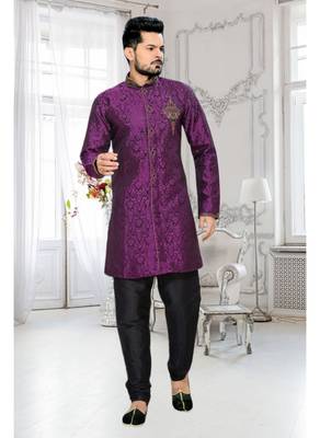Purple Embroidered Art Silk Stitched Sherwani 1