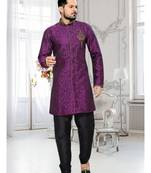 Purple Embroidered Art Silk Stitched Sherwani