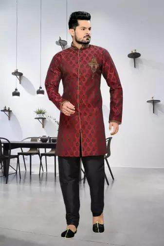 Maroon Embroidered Jacquard Stitched Sherwani
