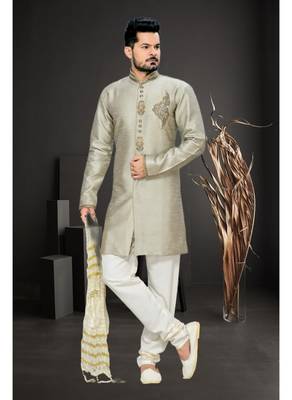 Grey Embroidered Art Silk Stitched Sherwani 1