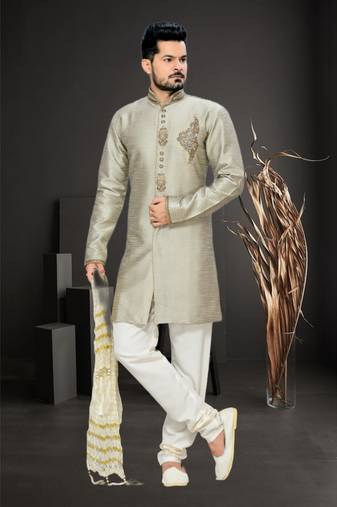 Grey Embroidered Art Silk Stitched Sherwani