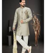 Grey Embroidered Art Silk Stitched Sherwani