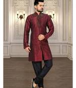 Maroon Embroidered Jacquard Stitched Sherwani