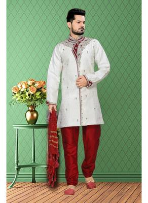 Off White Embroidered Jacquard Stitched Sherwani 1