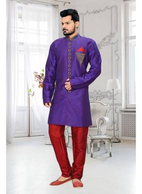 Purple Embroidered Art Silk Stitched Sherwani 1
