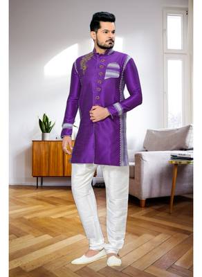 Purple Embroidered Art Dupion Silk Stitched Sherwani 1
