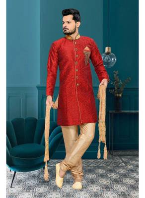 Maroon Embroidered Jacquard Stitched Sherwani 1