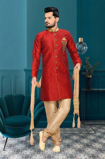 Maroon Embroidered Jacquard Stitched Sherwani