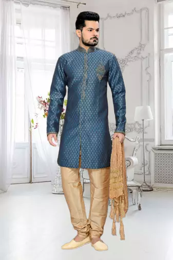 Blue Embroidered Jacquard Stitched Sherwani
