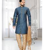 Blue Embroidered Jacquard Stitched Sherwani