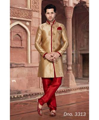 Gold Stone Work Embroidered Art Silk Wedding Sherwani With Maroon Pant 1