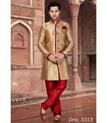 Gold Stone Work Embroidered Art Silk Wedding Sherwani With Maroon Pant
