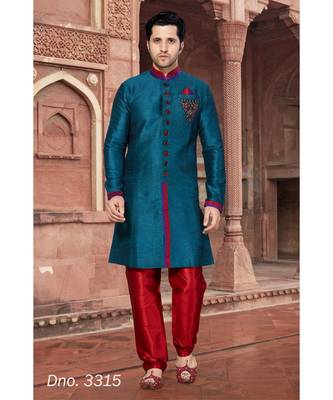 Turquoise Art Silk Embroidered Stone Work Sherwani 1
