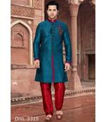 Turquoise Art Silk Embroidered Stone Work Sherwani
