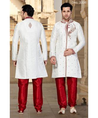 Off White Embroidered Art Silk Stitched Sherwani 1
