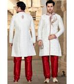Off White Embroidered Art Silk Stitched Sherwani