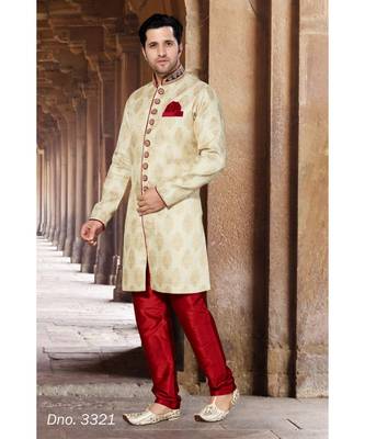 Beige Woven Jacquard Stitched Sherwani 1