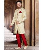 Beige Woven Jacquard Stitched Sherwani