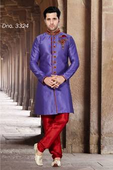 Purple Embroidered Art Silk Stitched Sherwani