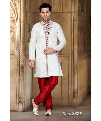 Off White Embroidered Brocade Stitched Sherwani 1