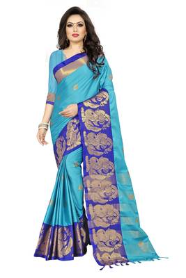 blue printed cotton silk saree with blouse 1