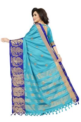 blue printed cotton silk saree with blouse 2