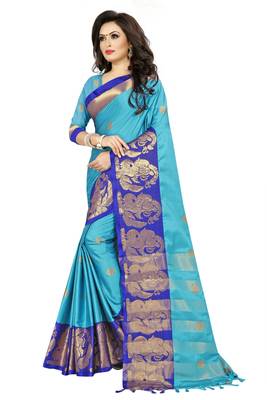 blue printed cotton silk saree with blouse 3