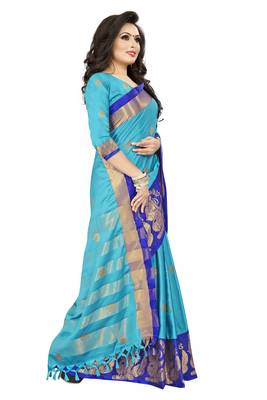 blue printed cotton silk saree with blouse 4