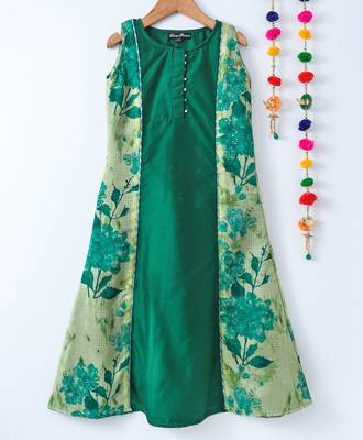 Green printed cotton poly kids girl gowns 1