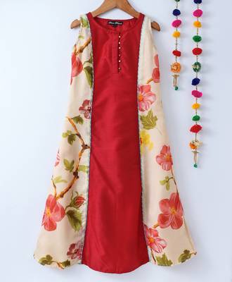 Pink printed cotton poly kids girl gowns 1
