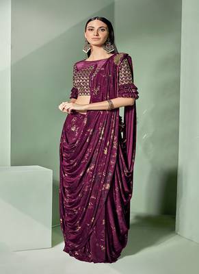   dark pink embroidered lycra saree with blouse 1