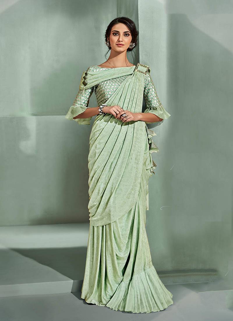   light green embroidered lycra saree with blouse