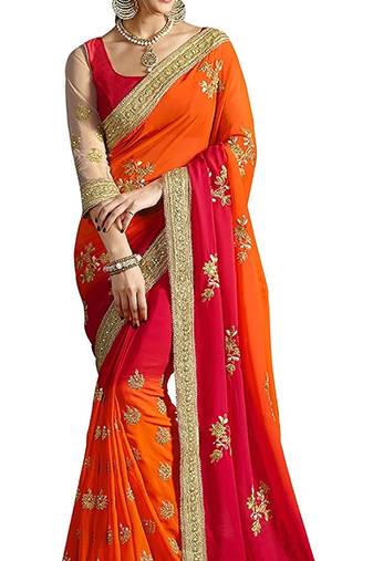 Orange embroidered fancy fabric saree with blouse
