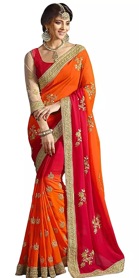 Orange embroidered fancy fabric saree with blouse