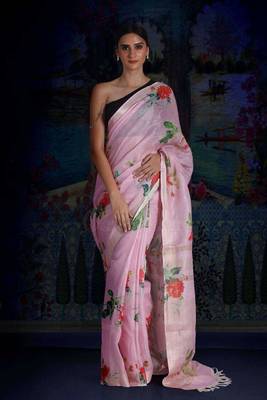 Blush Pink Digital Printed Linen Saree With Zari Border & Pallu 1